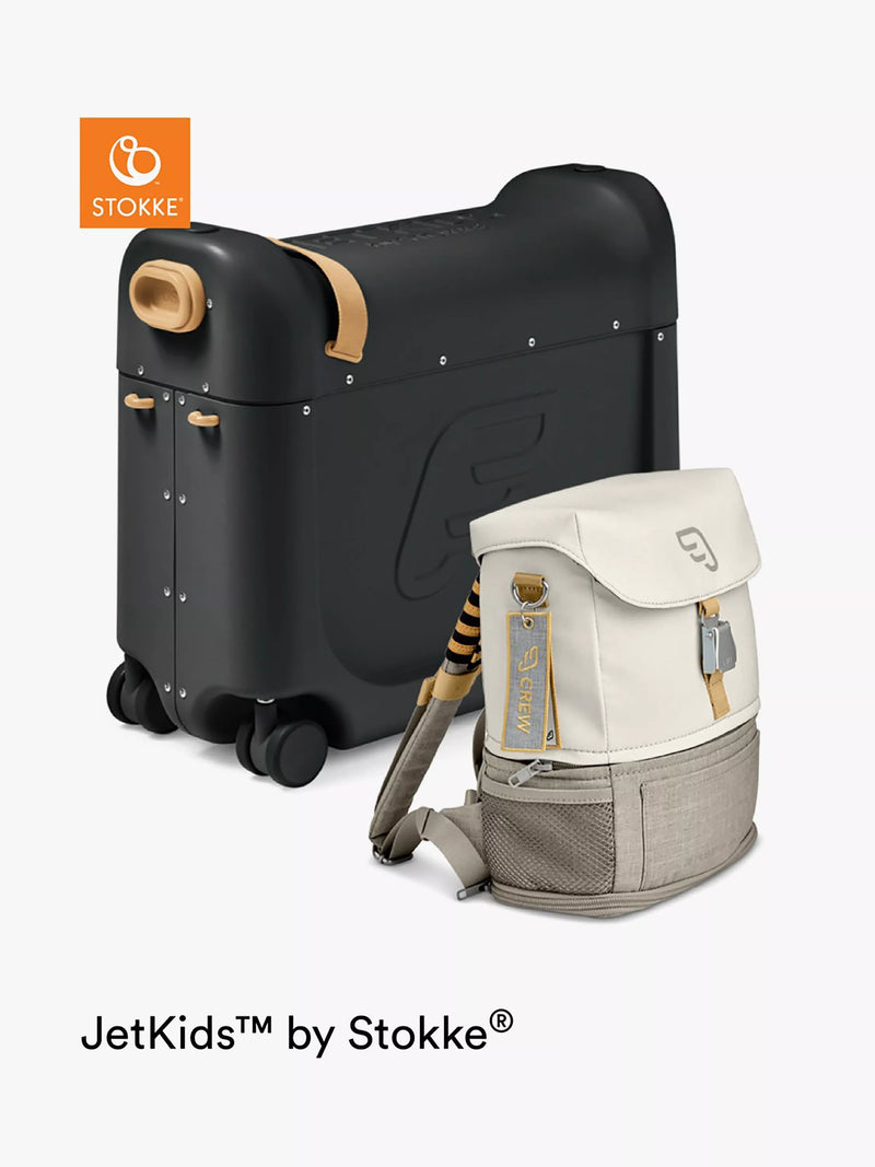 Stokke JetKids travel bundle with ride-on suitcase and backpack in black (British brand)