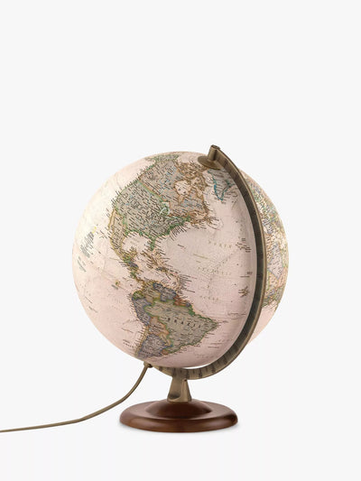 Illuminated Antique Style World Globe with Wood Base, 30cm Sphere, 38cm Height, Gold Finish