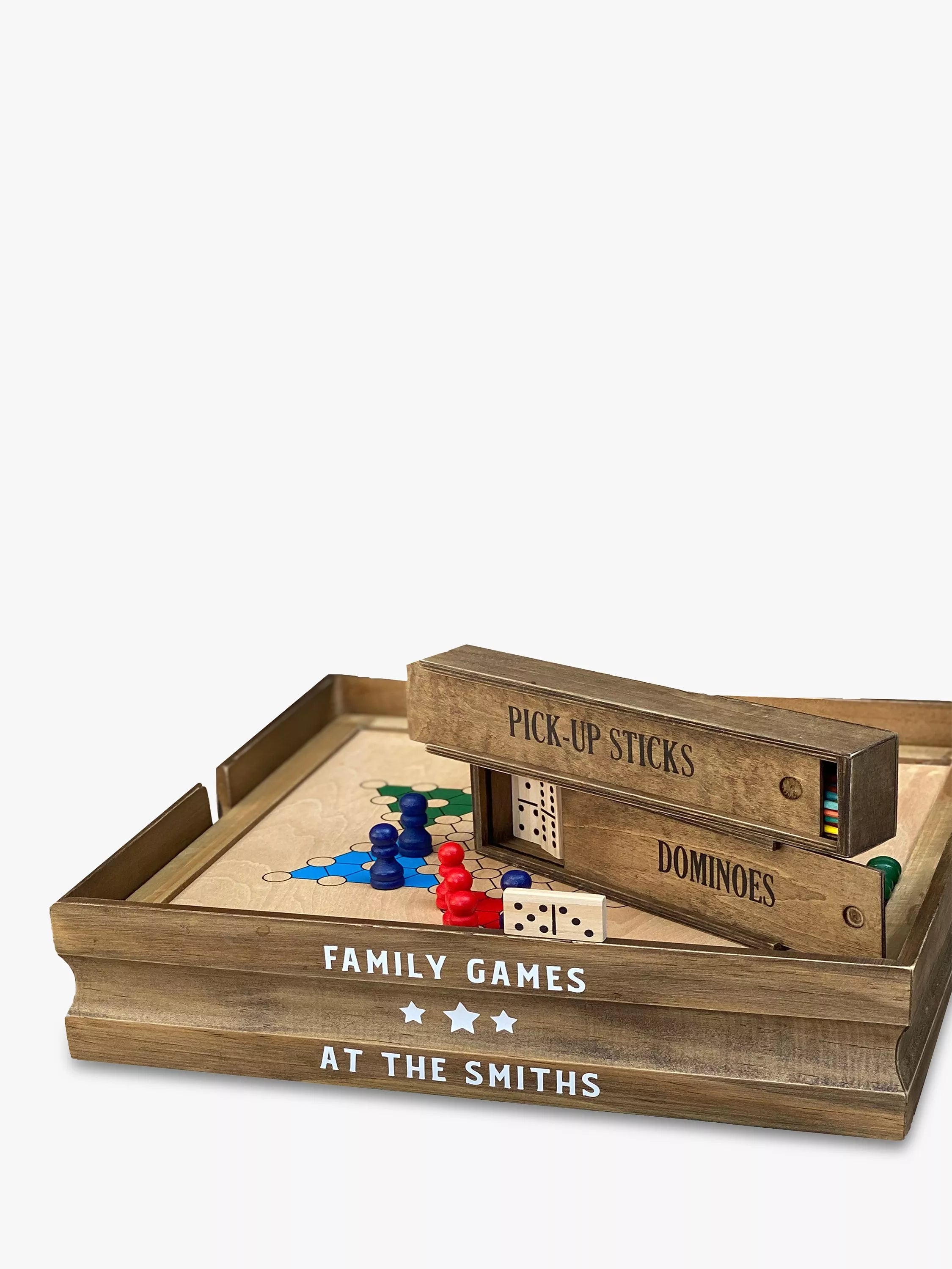 Solesmith Personalised Family Games Set wooden board game box (British brand)
