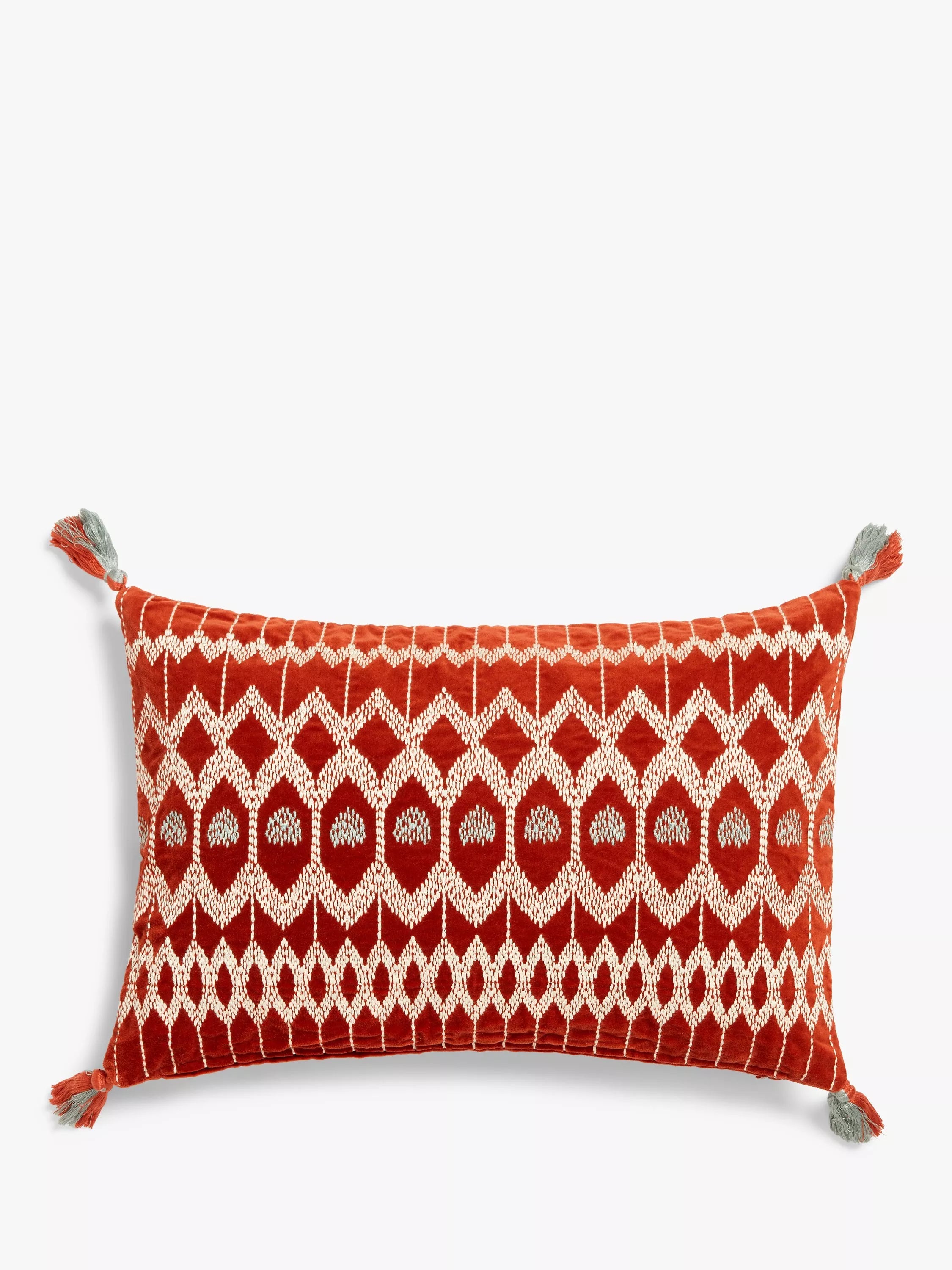 John Lewis Kuva velvet bolster cushion with embroidery and tassels in Red Brick, UK version