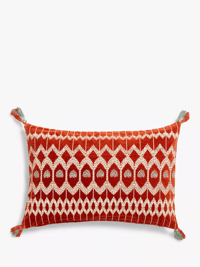 Velvet Bolster Cushion with Embroidery and Tassels in Red Brick