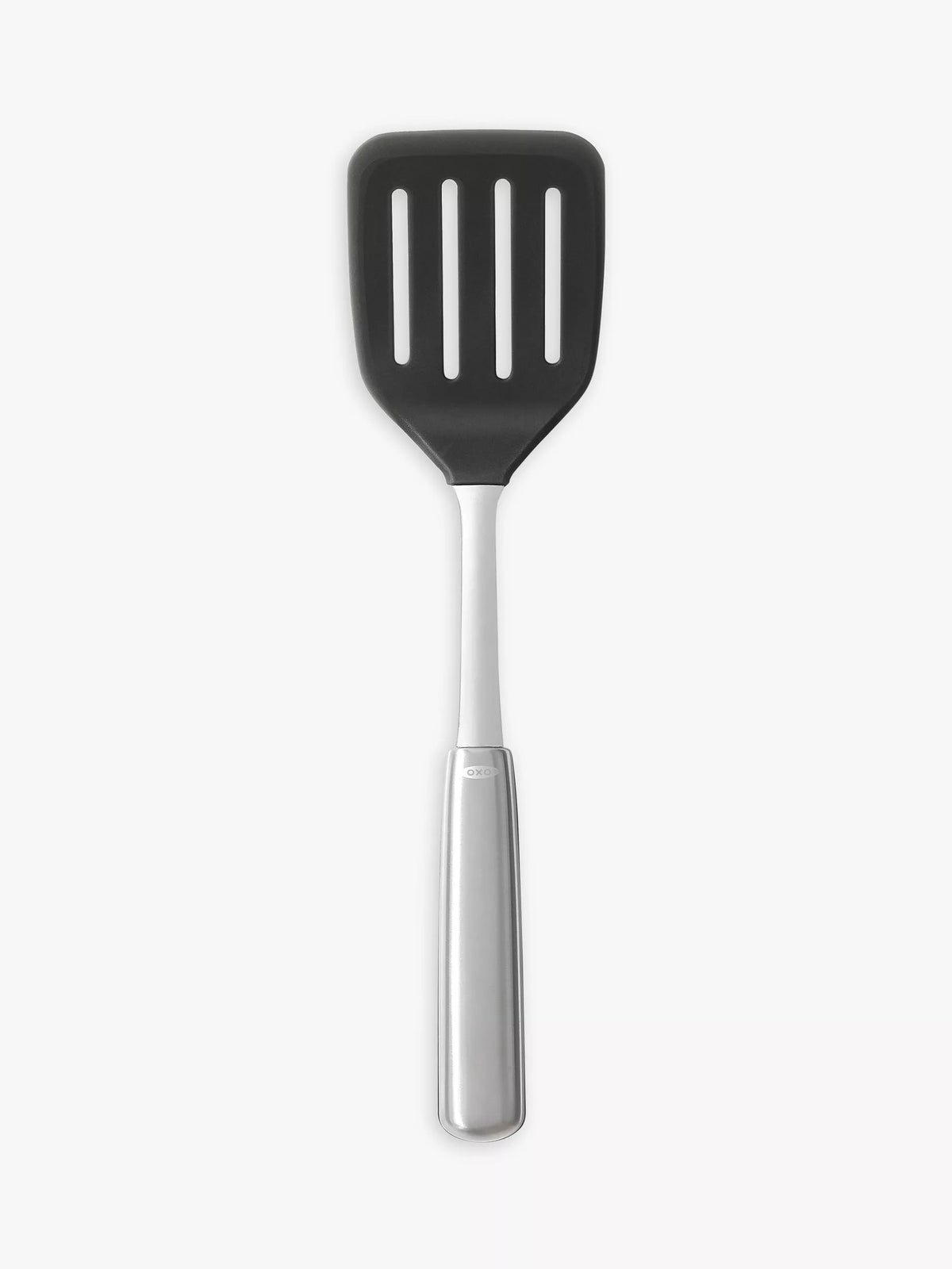 OXO stainless steel slotted turner with flexible silicone head, imported from the UK
