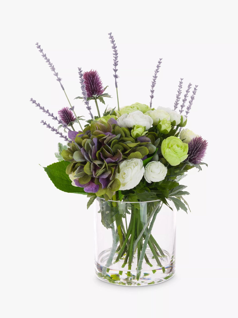 Floralsilk artificial hydrangea and thistle arrangement in clear glass vase, purple - British product