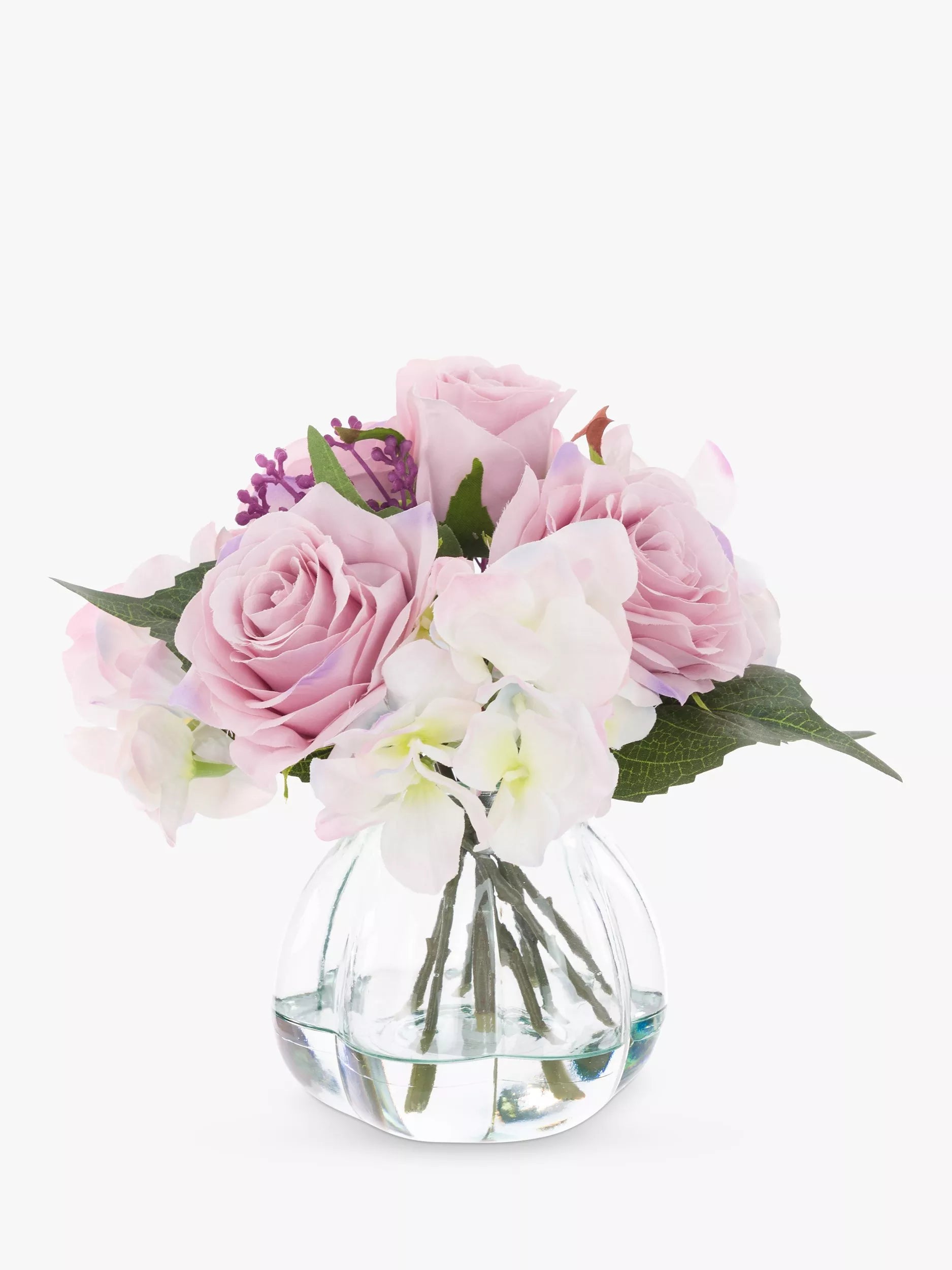 Floralsilk artificial rose and hydrangea floral arrangement in curve vase - British product