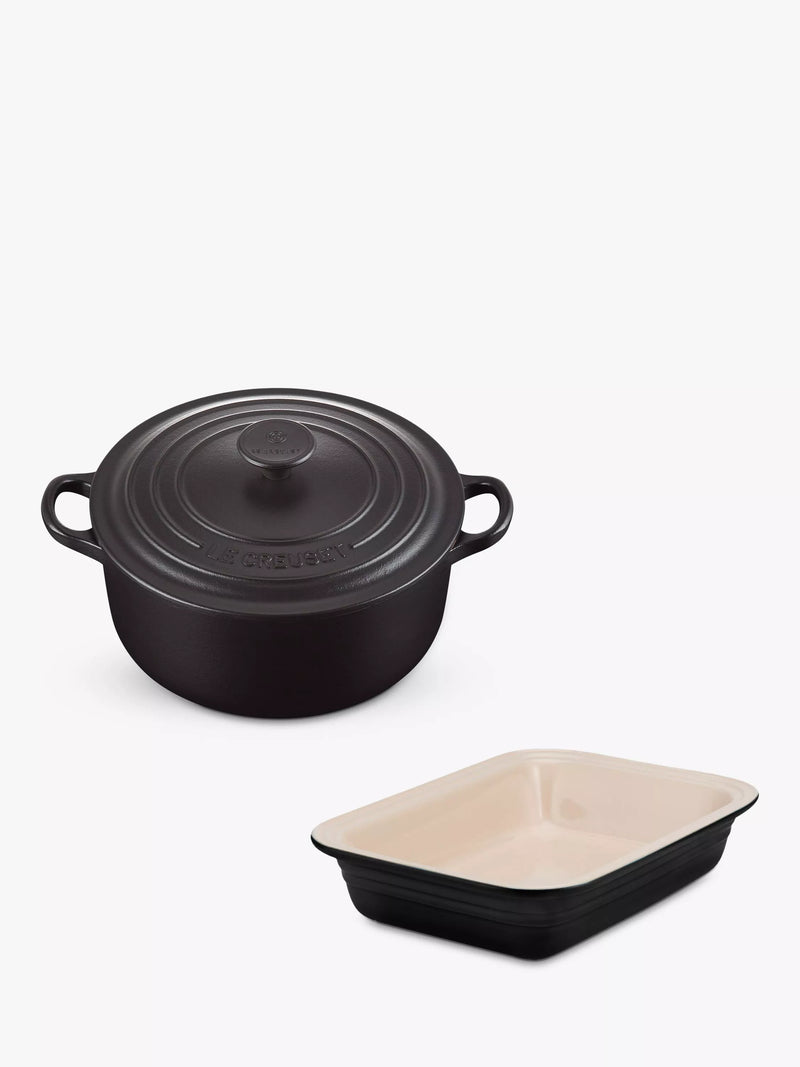 Le Creuset cast iron and stoneware cookware set with 20cm casserole and 29cm dish in satin black, UK version