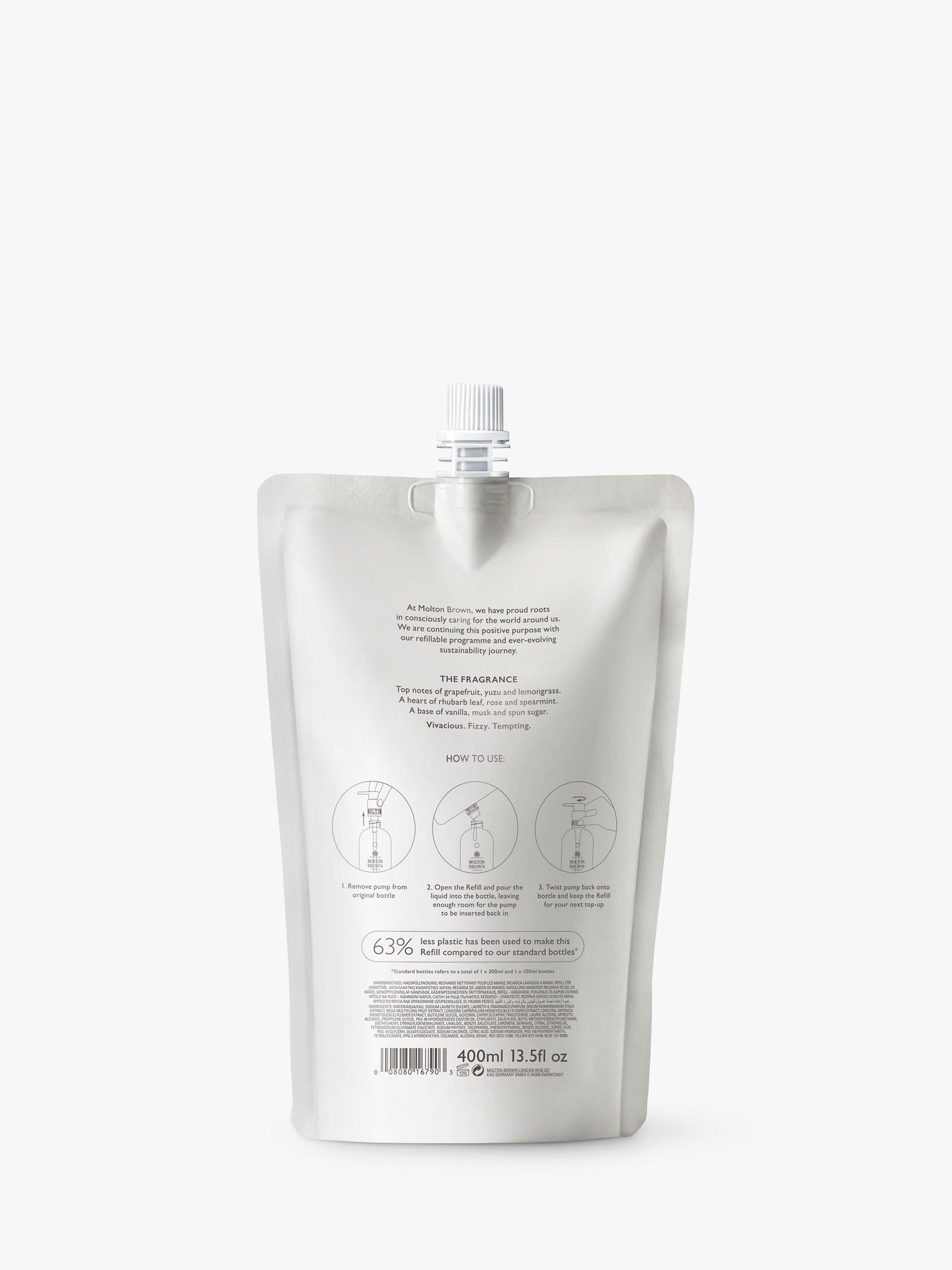 Molton Brown Rhubarb & Rose hand wash refill 400ml, imported from the UK