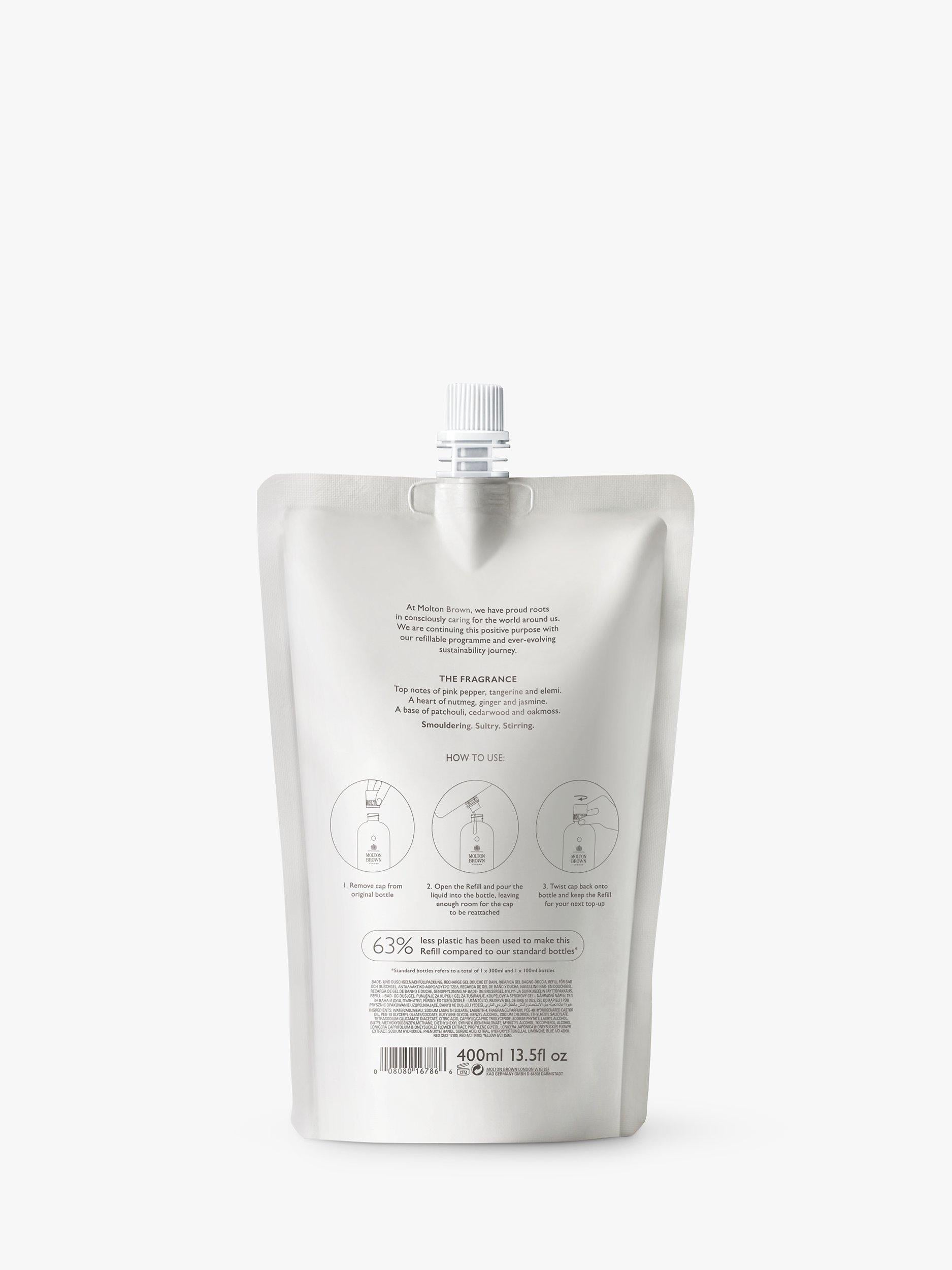 Molton Brown fiery pink pepper bath and shower gel refill 400ml, imported from the UK