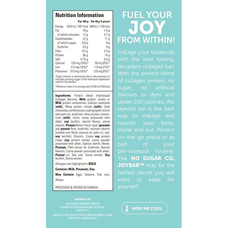 No Sugar Company Joy Bar chocolate peanut butter bar 12x40g, imported from the UK