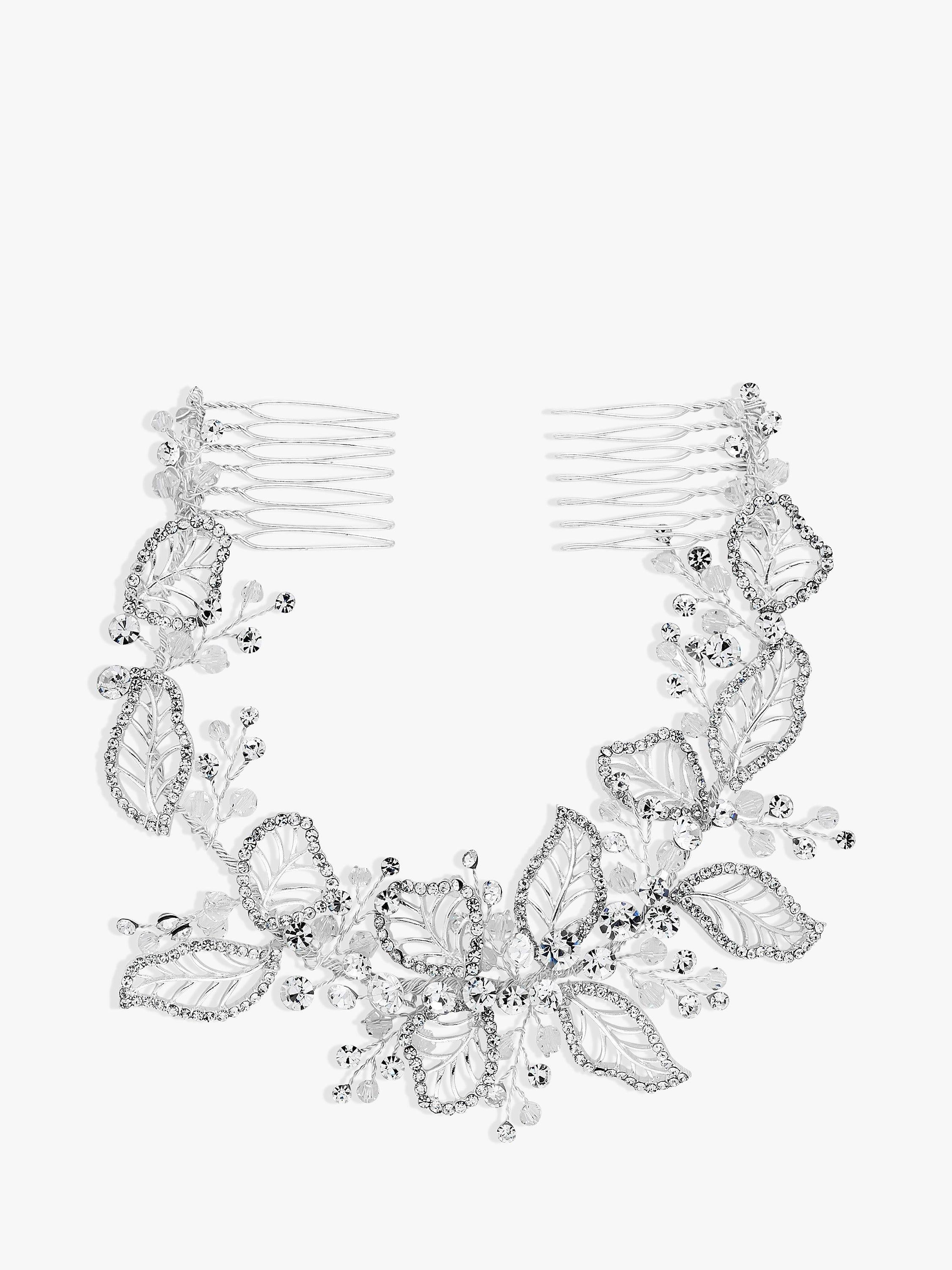 Jon Richard silver crystal pave leaf hair comb, UK version