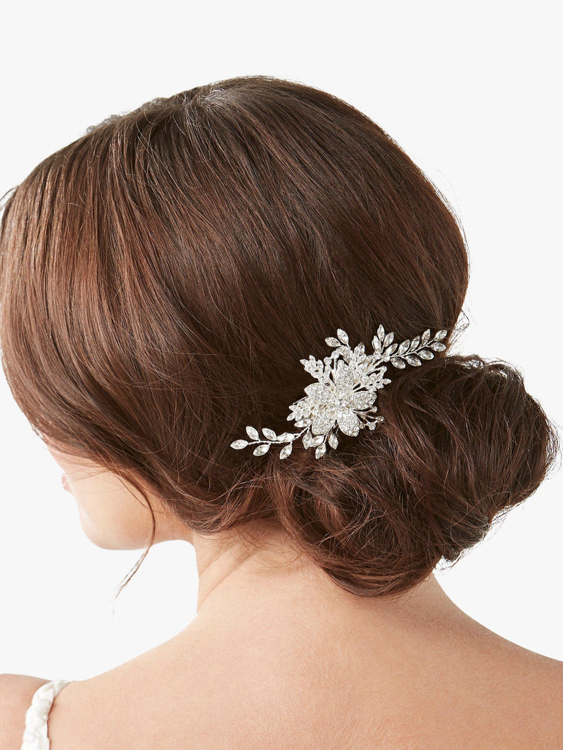 Jon Richard bridal hair slide with pave leaf design in silver, UK version