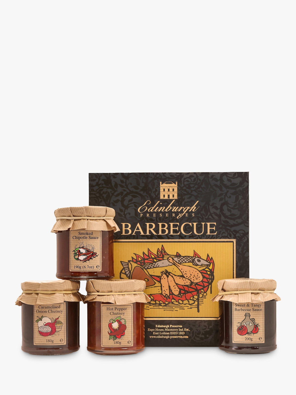 Barbecue Preserves Set with Tangy Sauce, Smoked Chipotle, and Hot Pepper Chutney 750g