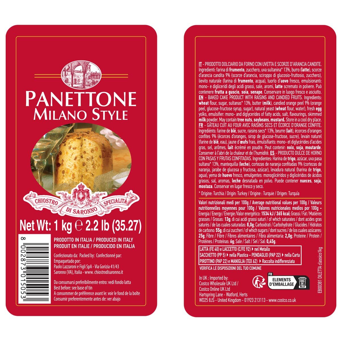 Lazzaroni classic panettone raisin candied orange 1kg, UK version