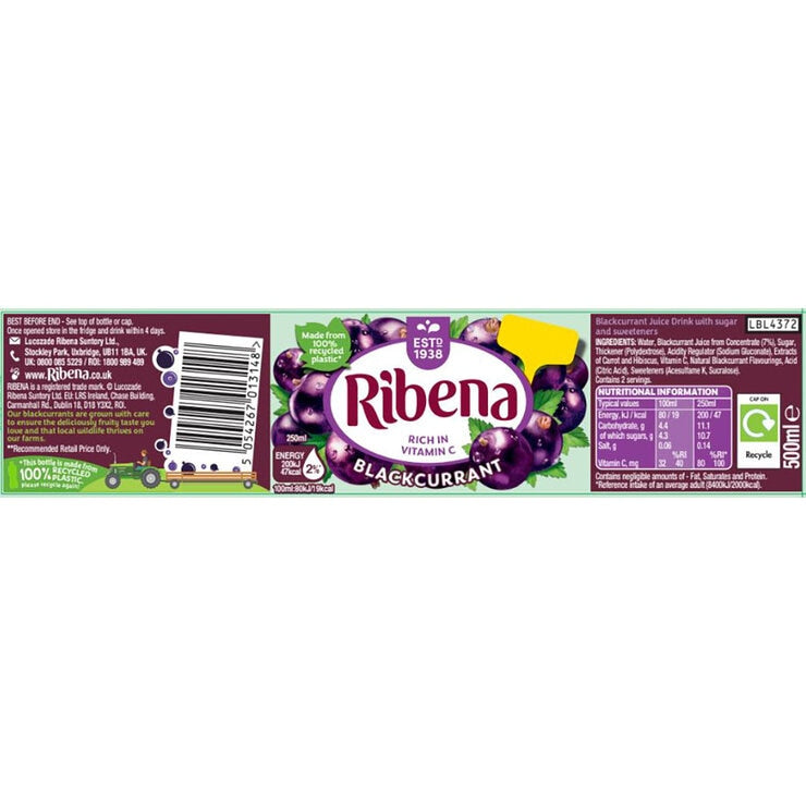 Ribena Blackcurrant Squash 12 x 500ml, imported from the UK