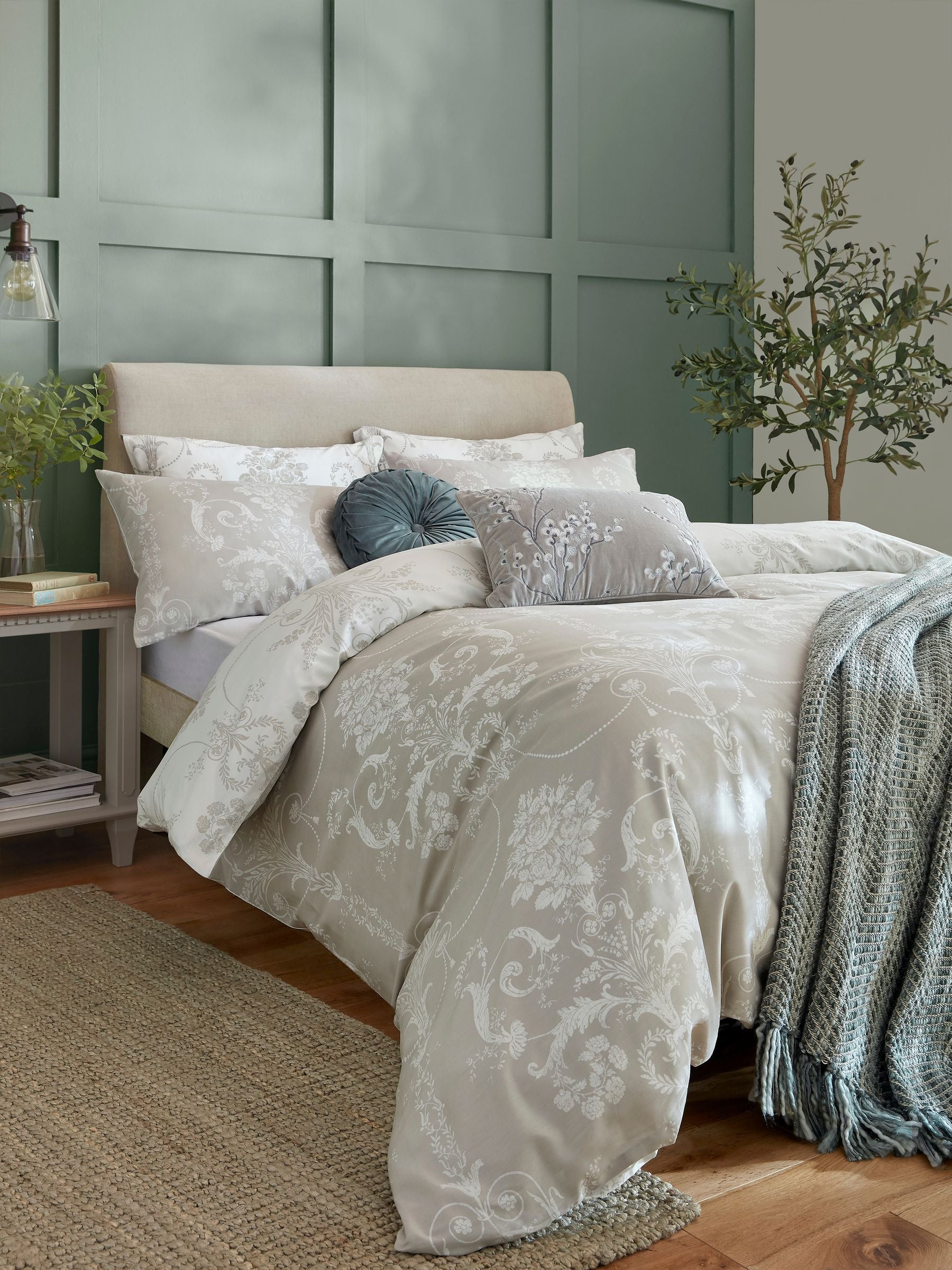 Laura Ashley grey cotton sateen duvet cover and pillowcase set, UK version