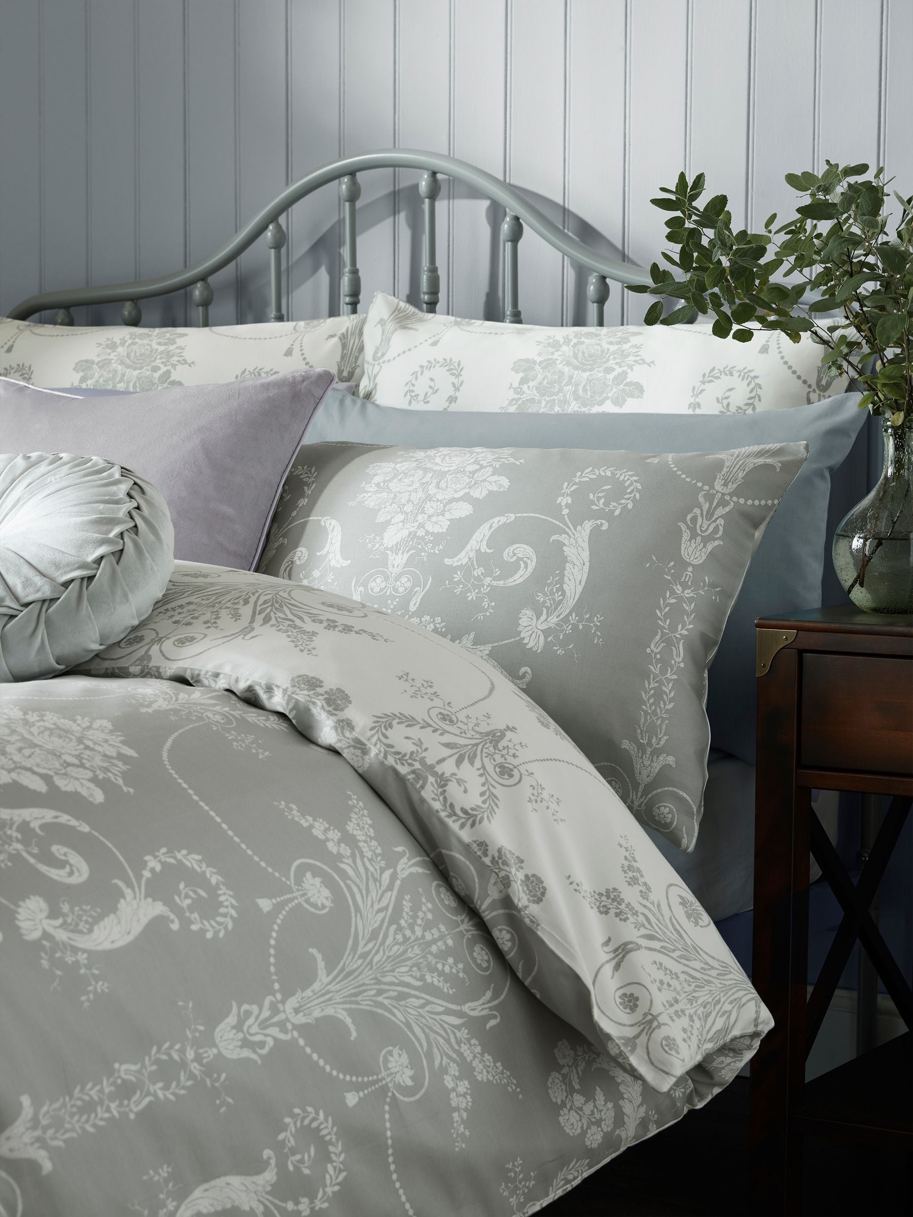 Laura Ashley Grey Steel 100% Cotton Sateen 200 Thread Count Josette Duvet Reversible Cover and Pillowcase Set