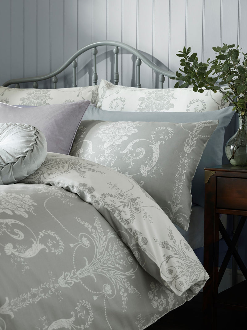 Laura Ashley Grey Steel 100% Cotton Sateen 200 Thread Count Josette Duvet Reversible Cover and Pillowcase Set