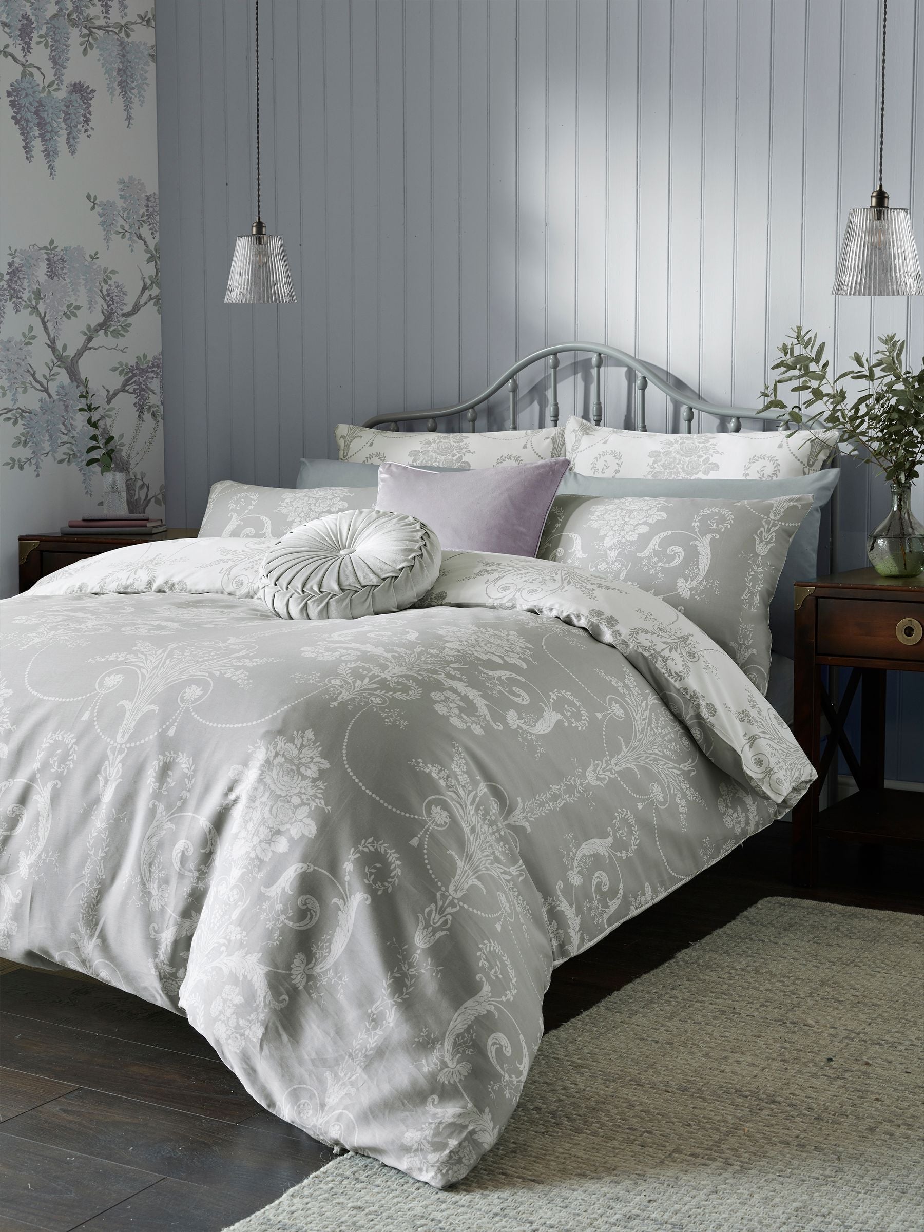 Laura Ashley Grey Steel 100% Cotton Sateen 200 Thread Count Josette Duvet Reversible Cover and Pillowcase Set