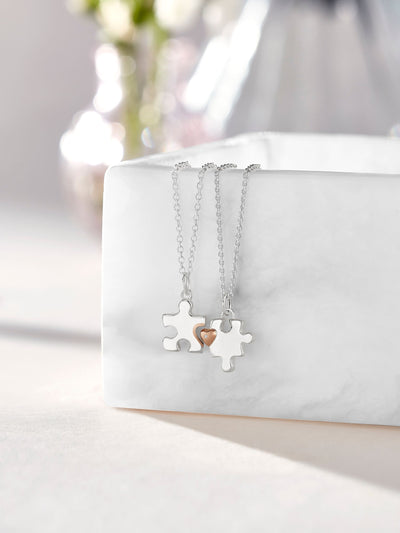 Sterling Silver Jigsaw Necklace Set with Rose Gold Plated Heart, 35cm Chain
