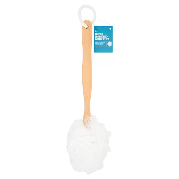 Superdrug long handled body puff FSC wood handle (British brand)