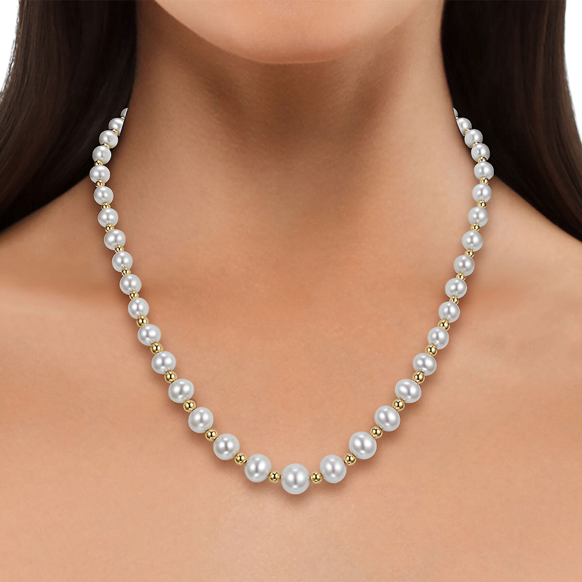 Cultured pearl necklace with gold beads, 5-9mm pearls, 45.7cm - British product