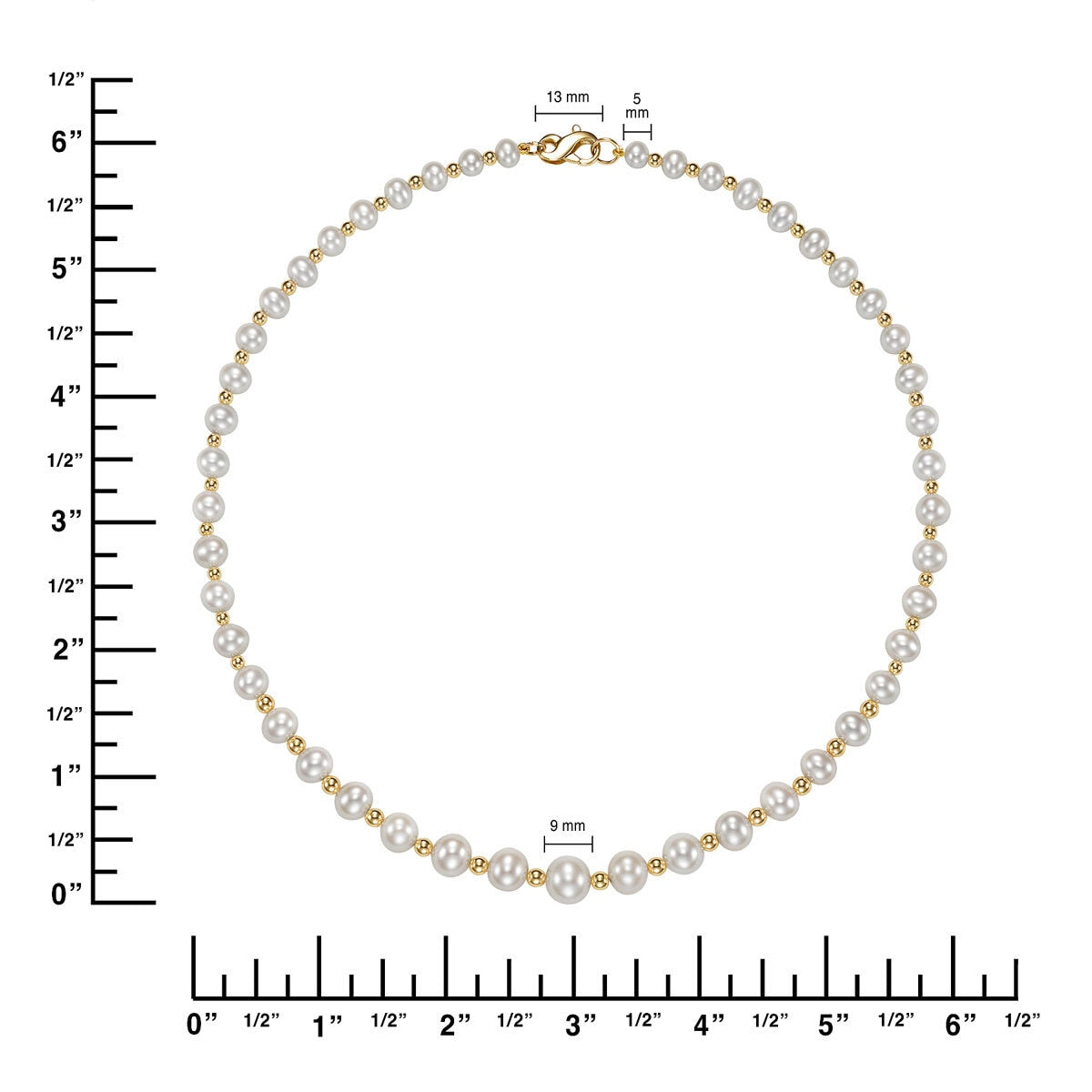 Cultured pearl necklace with gold beads, 5-9mm pearls, 45.7cm - British product