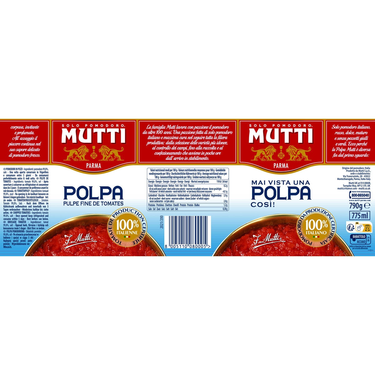 Mutti Polpa Chopped Tomatoes 6 x 790g tins, imported from the UK