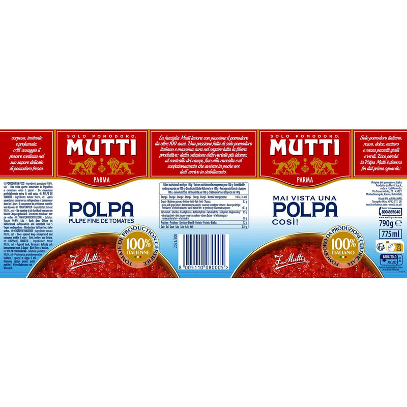 Mutti Polpa Chopped Tomatoes 6 x 790g tins, imported from the UK