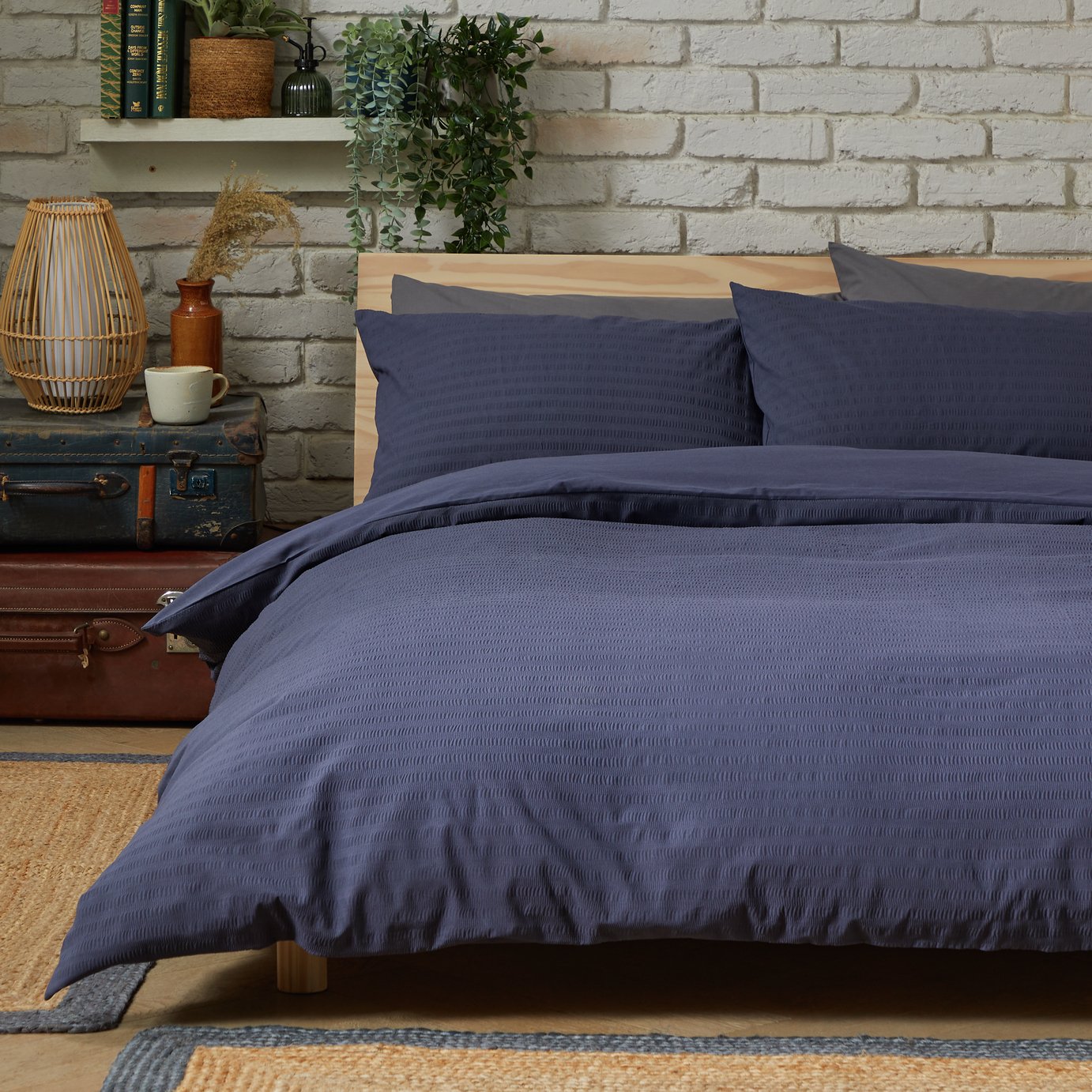 Habitat navy seersucker duvet cover set for double beds, UK version