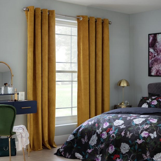 Habitat Mustard Velvet Dimout Curtains 117x183cm, UK version