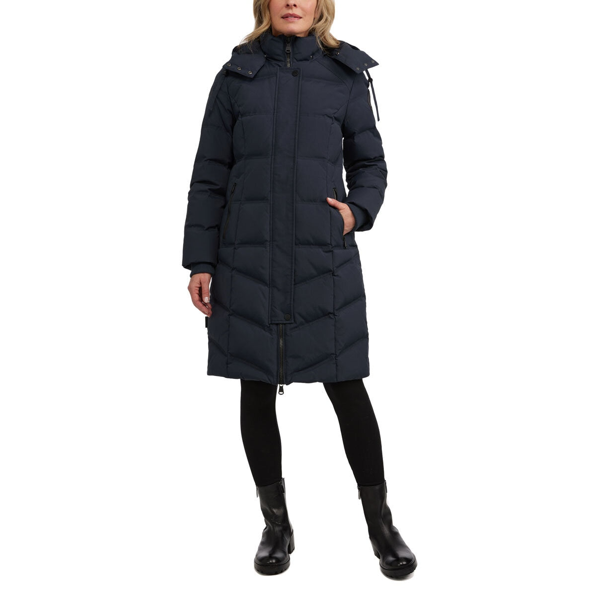 Pajar ladies long down coat in black and navy, imported from the UK