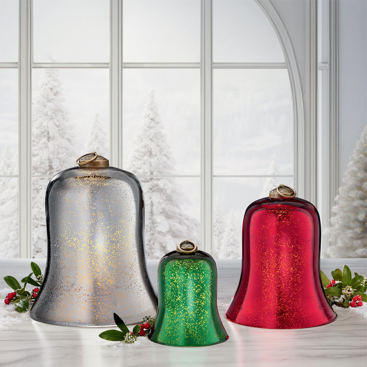 Decorative Glass Bells with LED Candles Set of 3