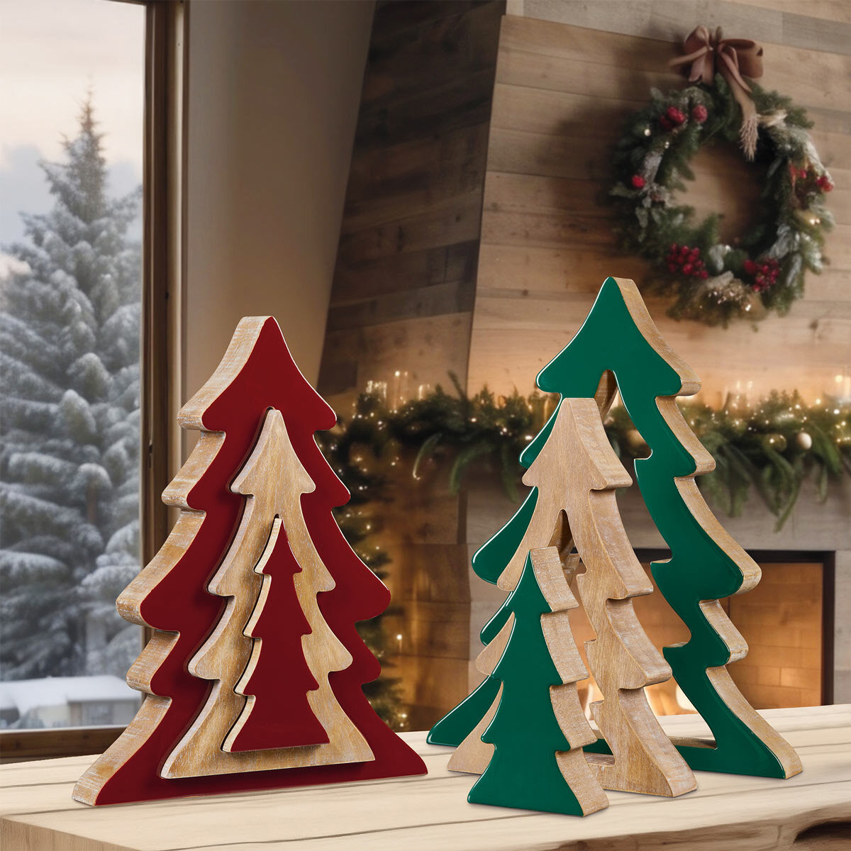 Wooden nesting trees set of 3 red green - British product
