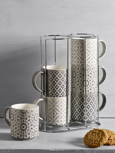 Grey Geo Embossed Stoneware Stacking Mugs Set of 6