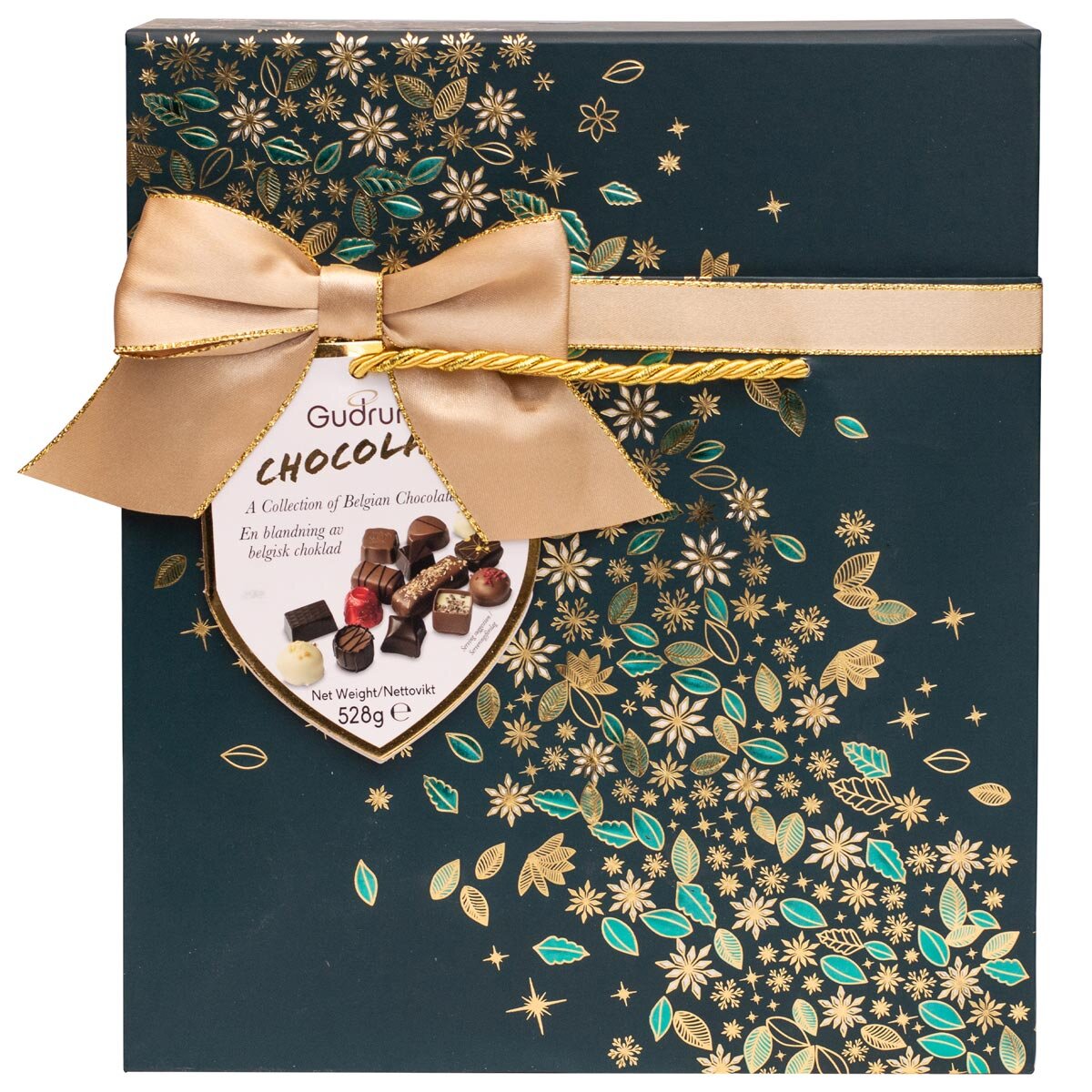 Gudrun assorted chocolate box with milk, dark, and white chocolate 530g, UK version