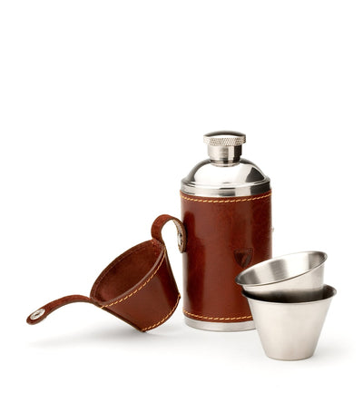 Leather-Bound Stainless Steel Hip Flask Set with 2 Cups