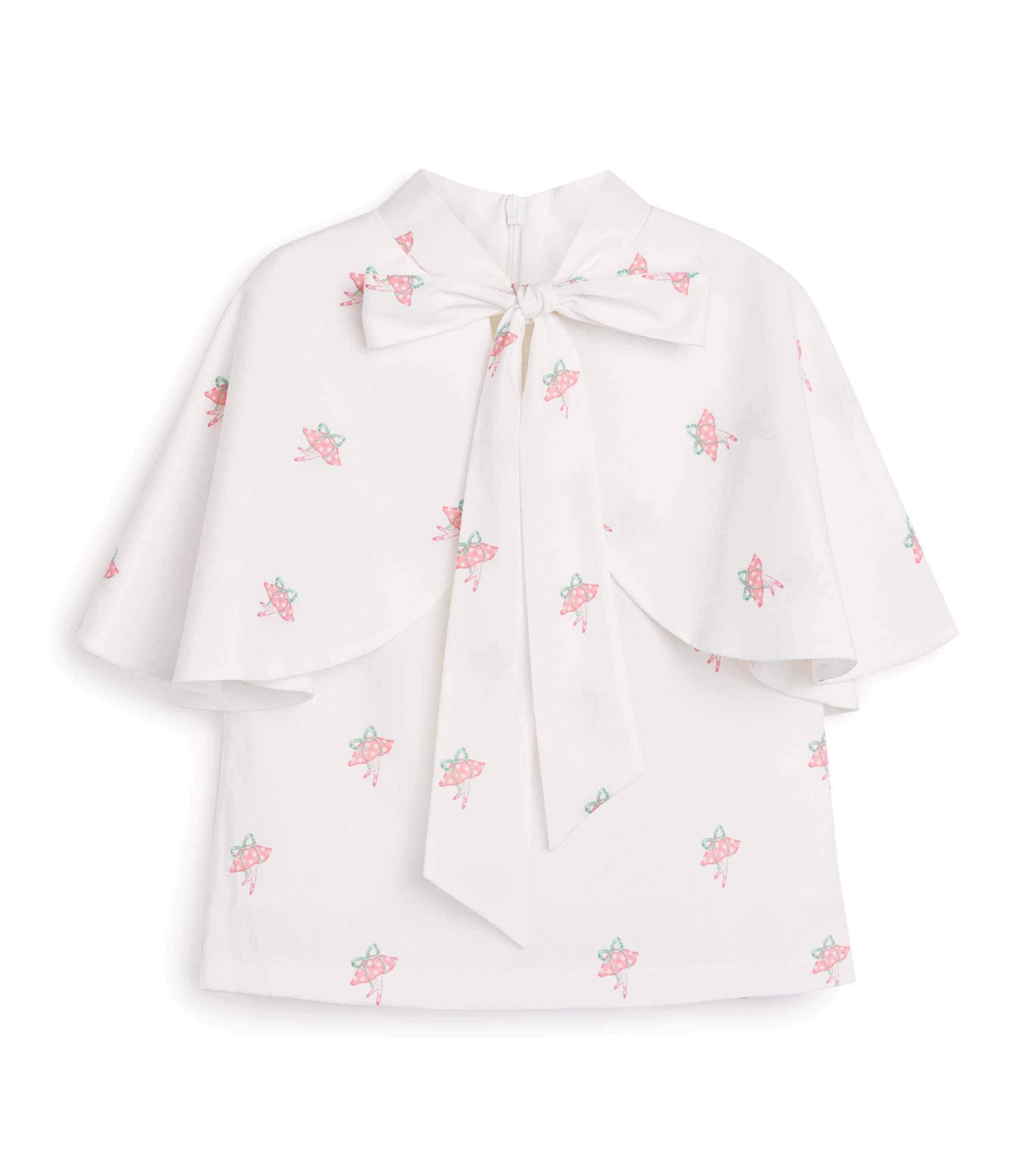 Mama Luma satin tie-neck blouse with mushroom-capped ballet dancers print for girls 3-12 years, imported from the UK