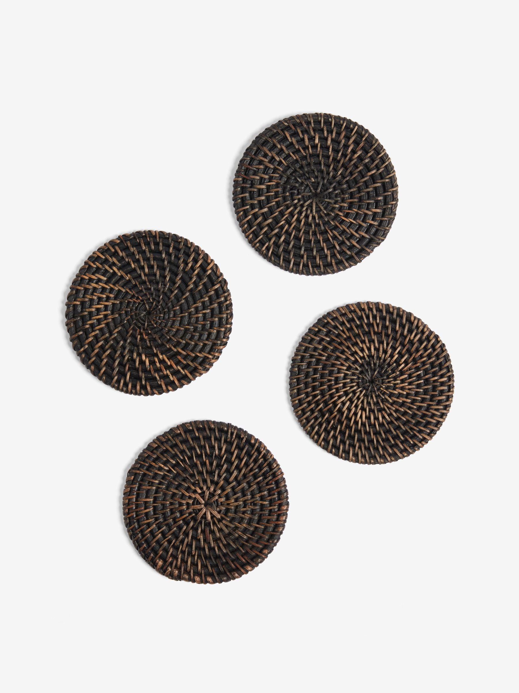 French Connection Black Rattan Hand Woven Set of 4 Coasters