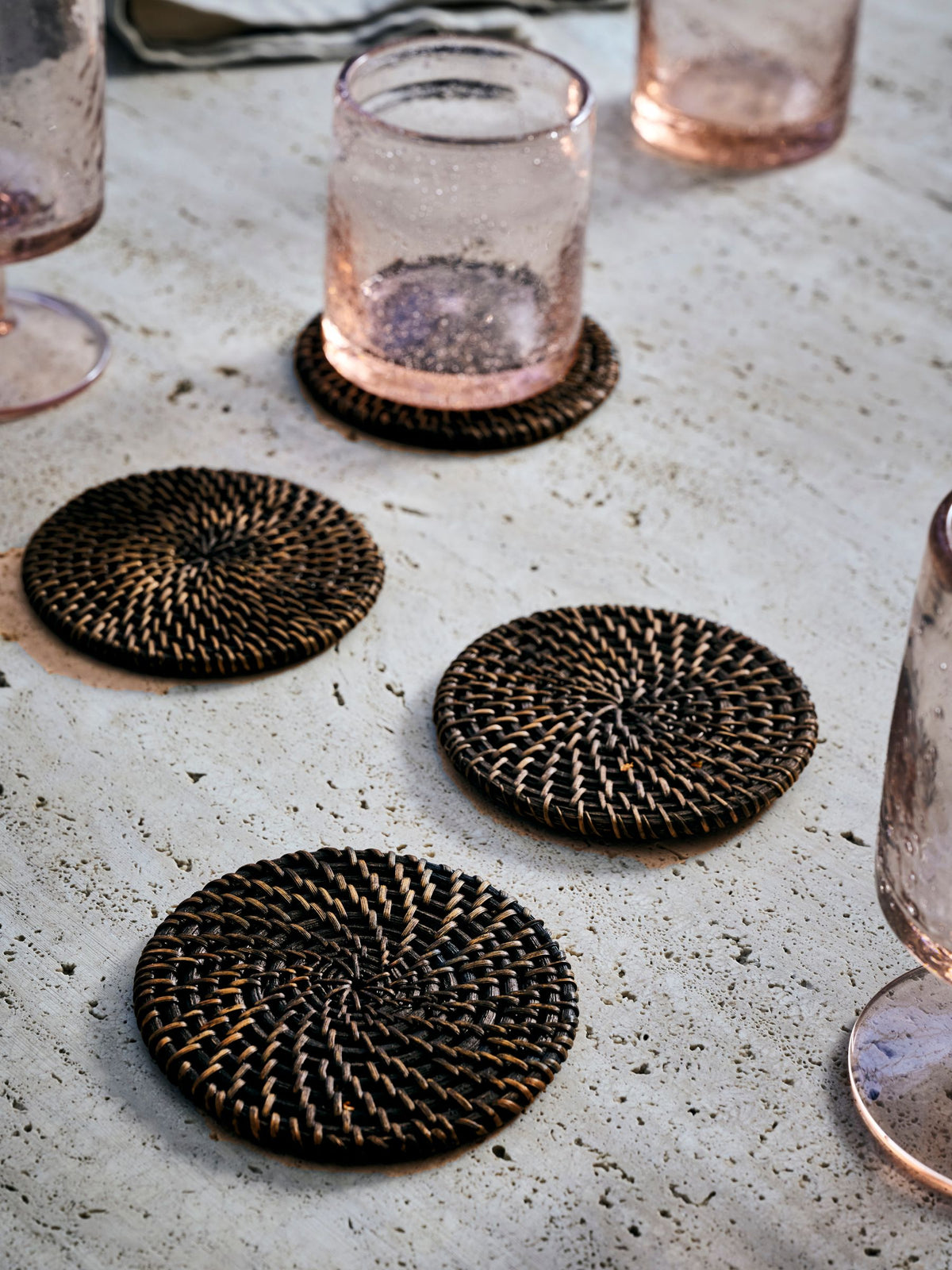 French Connection Black Rattan Hand Woven Set of 4 Coasters