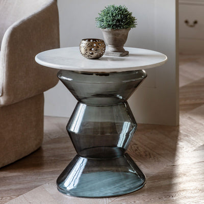 Gallery Turin Blue Side Table with Marble Top and Glass Base