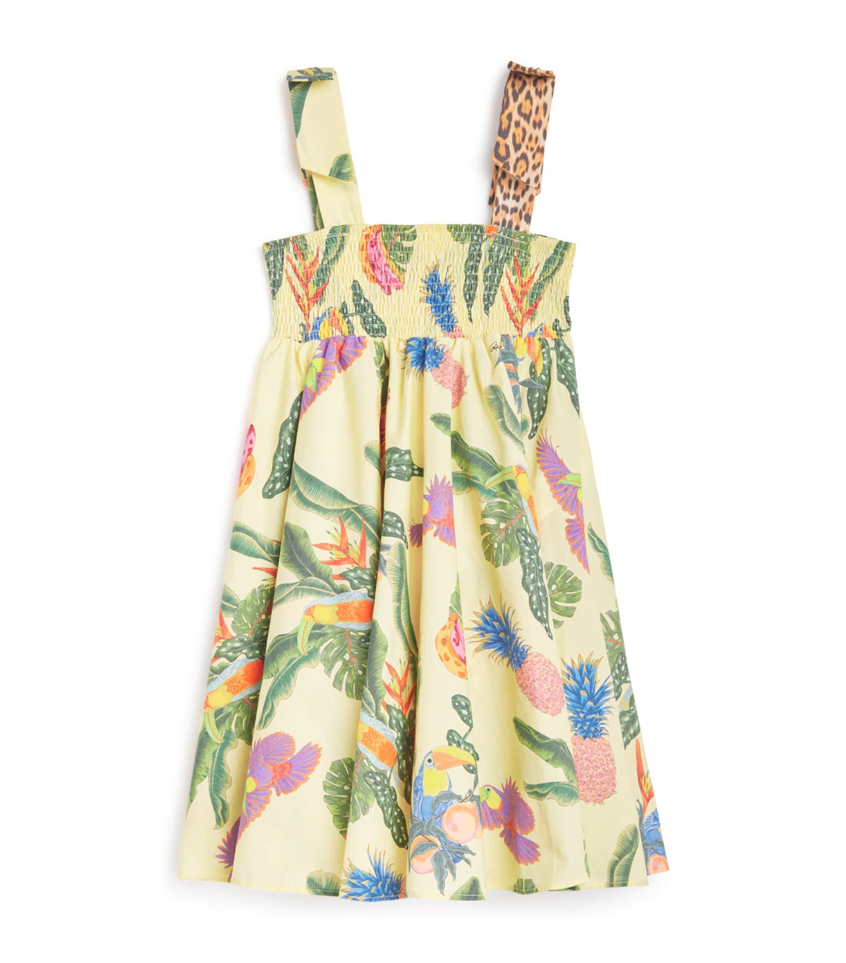 Roberto Cavalli cotton tropical print smocked dress for kids aged 4-14 years, imported from the UK