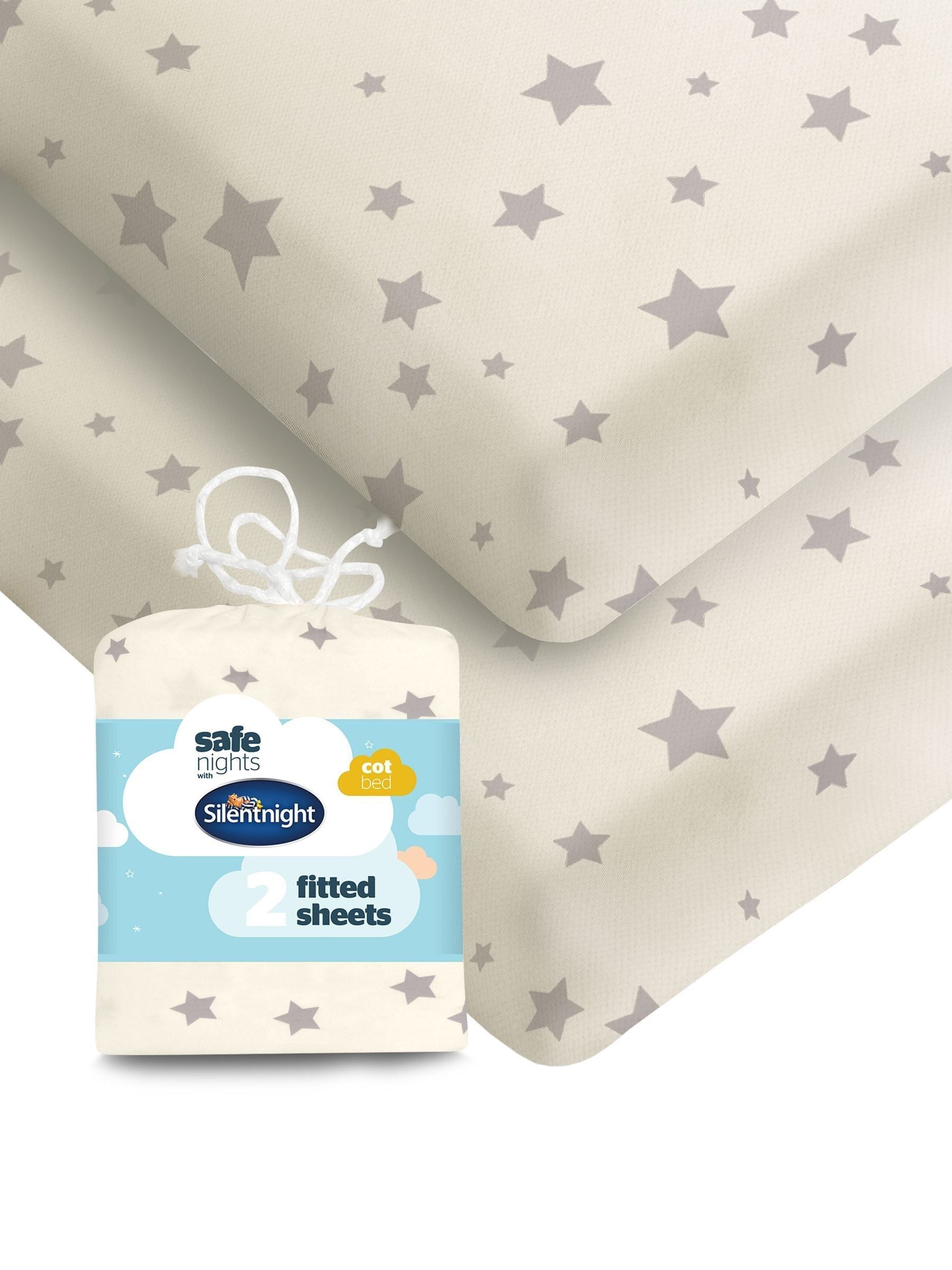 Silentnight Grey Stars cot bed fitted sheets 2 pack (British brand)