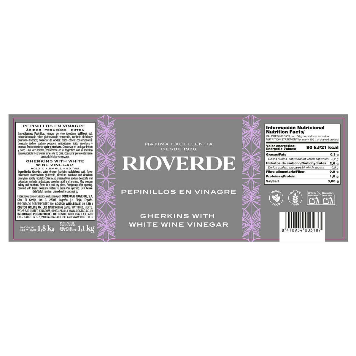 Rioverde gherkins in vinegar 1.8kg, imported from the UK