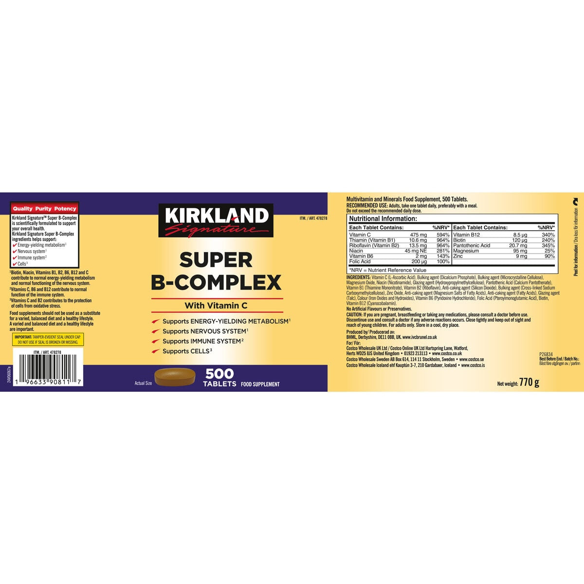 Kirkland Signature Super B-Complex multivitamin 500 count, UK version