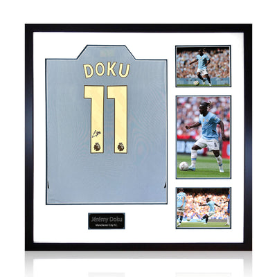 The Fan Cave Jeremy Doku Signed Framed Manchester City 24/25 Football Shirt with 3 Photos Football Memorabilia Display 82x82cm