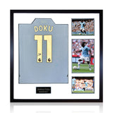 The Fan Cave Jeremy Doku signed football shirt display with photos, UK version 82x82cm