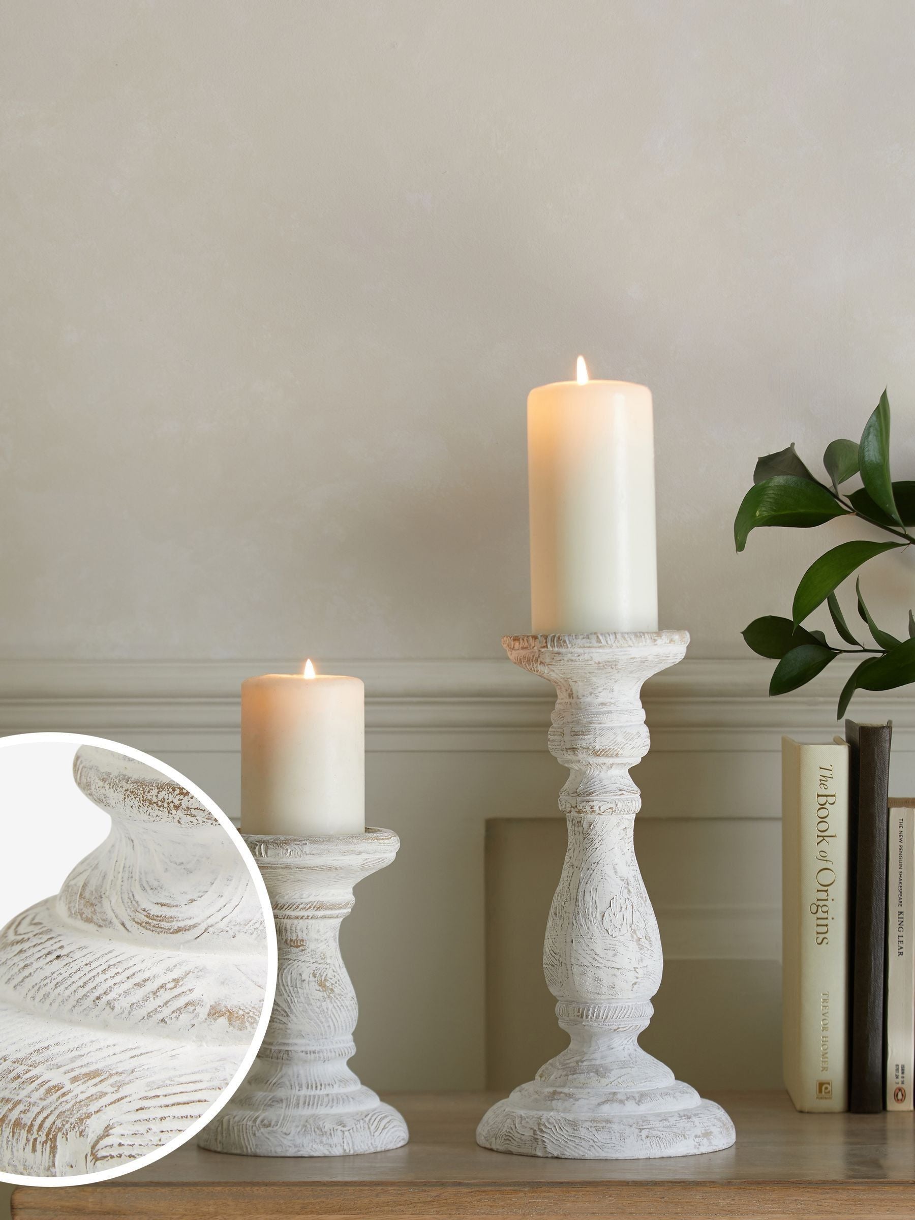 White wash pillar candle holder with included candle (British brand)