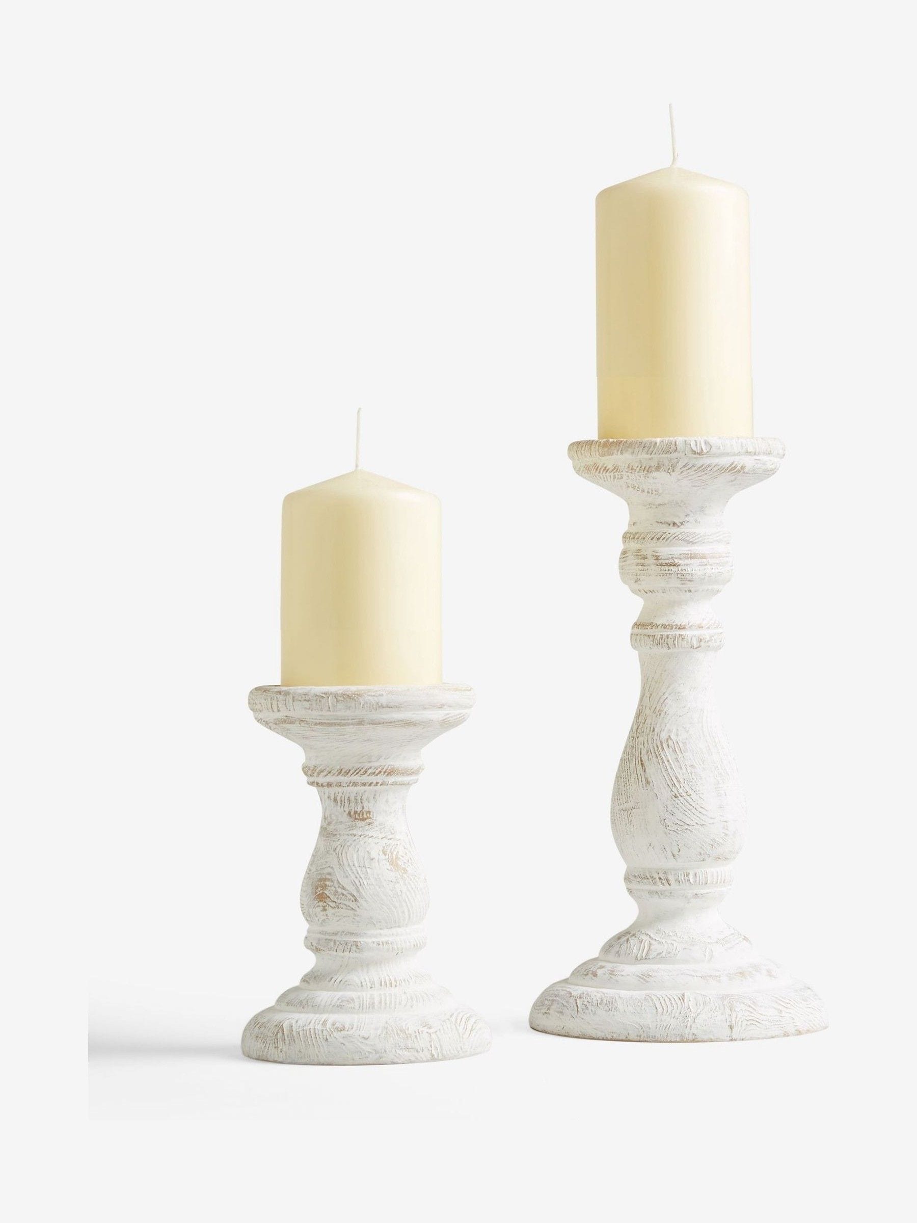 White wash pillar candle holder with included candle (British brand)