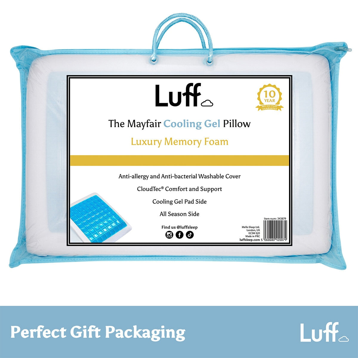 Luff Mayfair cooling gel memory foam pillow, UK version