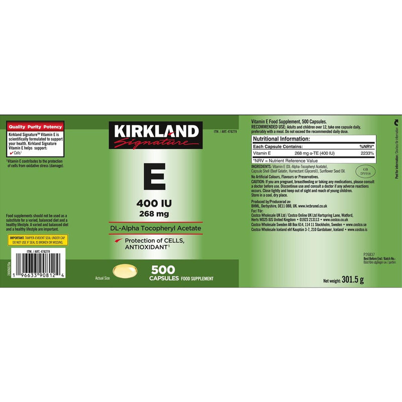 Kirkland Signature Vitamin E 400IU supplement 500 count, UK version