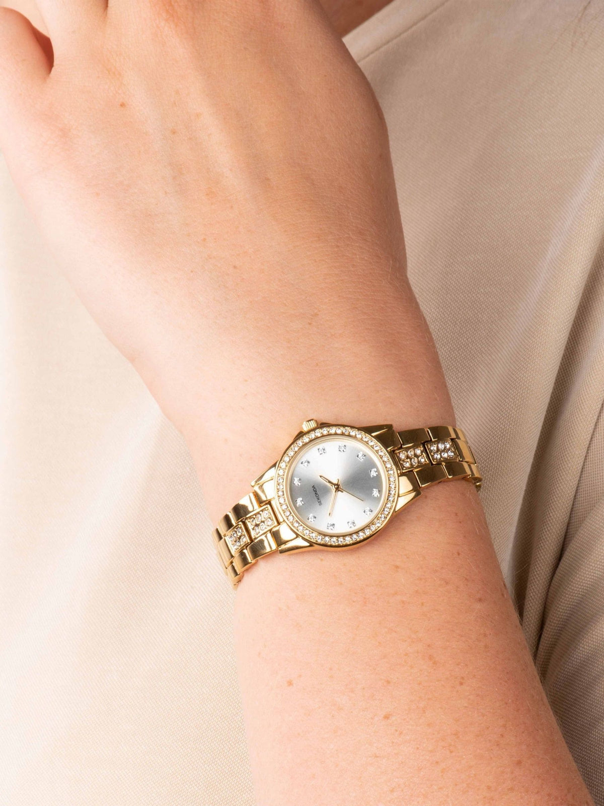 Gold plated watch stone set champagne dial 27mm, imported from the UK